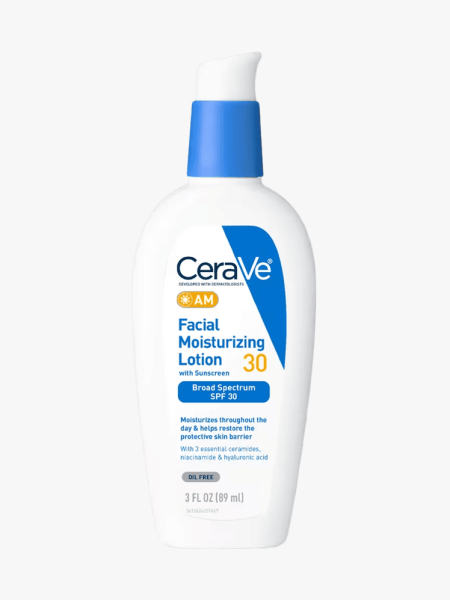 CeraVe AM Facial Moisturizing Lotion SPF 30 in branded component on a light gray background