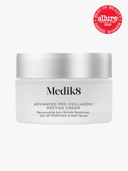Medik8 Advanced Pro-Collagen+ Peptide Cream in branded tub component on a light gray background with the 2026 best of beauty seal in the top right corner