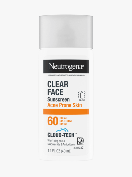 Neutrogena Clear Face Sunscreen Acne-Prone Skin Broad Spectrum SPF 60 in branded component on a light gray background