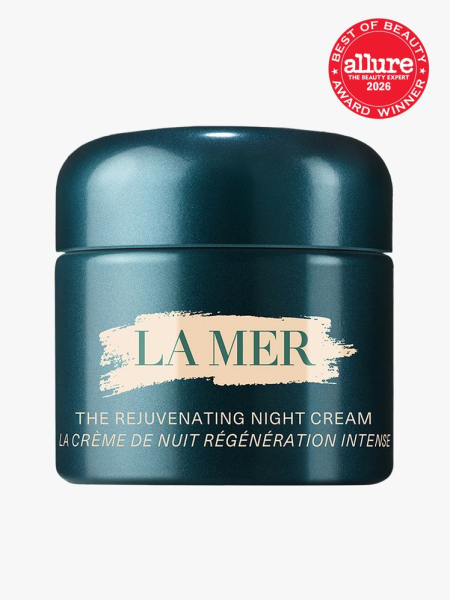 Turquoise container of La Mer The Rejuvenating Night Cream with Allure Best of Beauty stamp in the top right corner on a light gray background