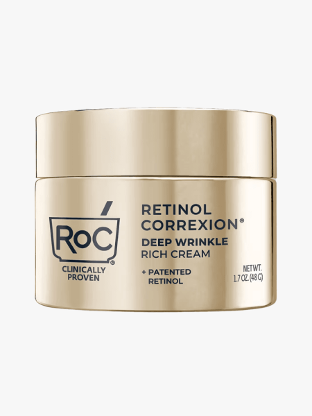 RoC Retinol Correxion Deep Wrinkle Rich Cream in branded tub component on a light gray background